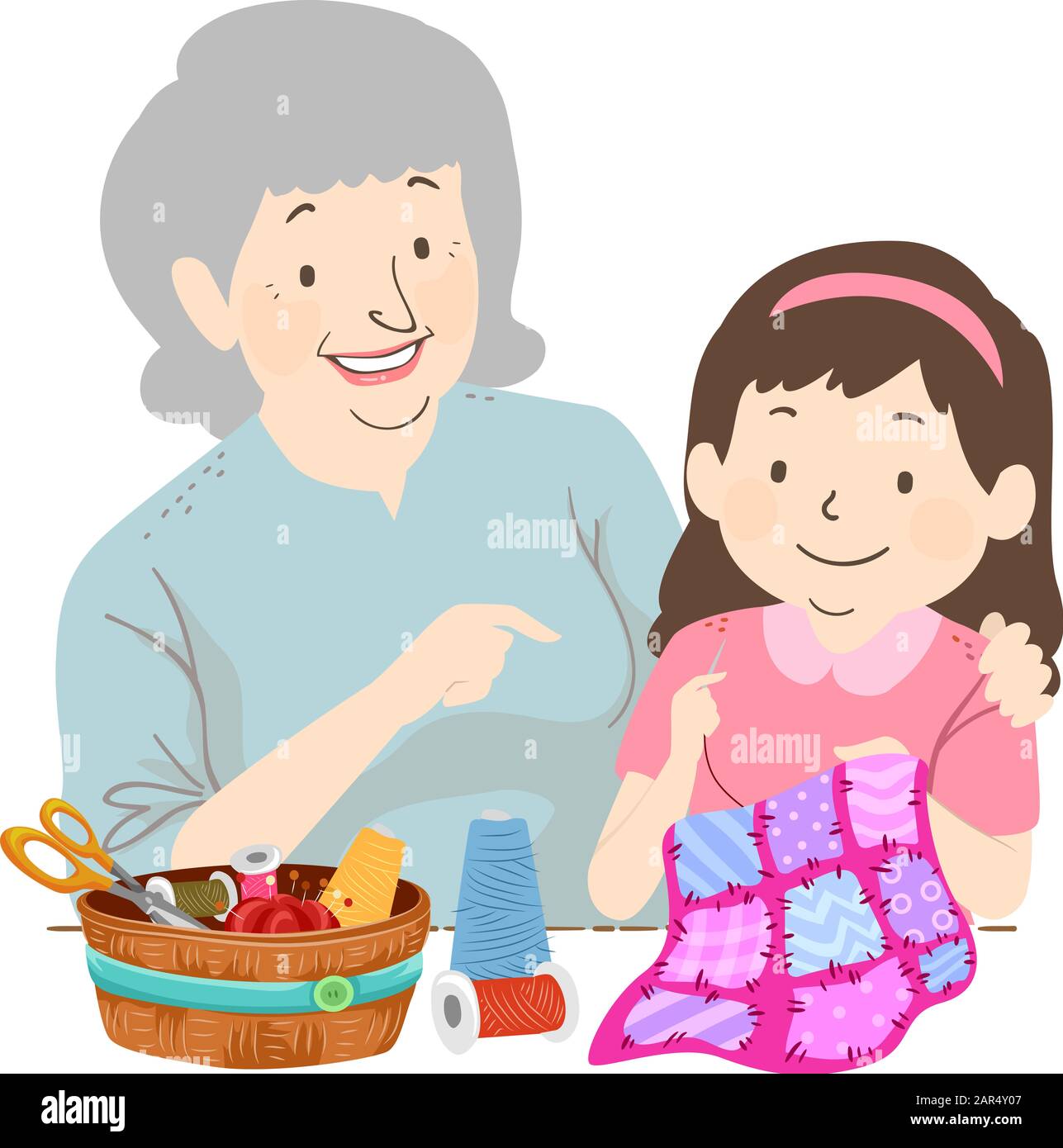 Illustration of a Senior Woman Teaching a Kid Girl Quilting, a Basket of  Sewing Notions on the Table Stock Photo - Alamy, image size:1287x1390