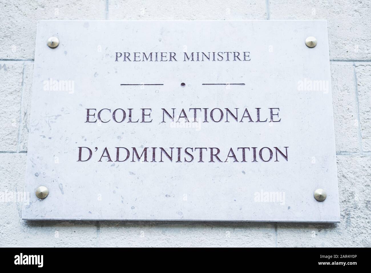 Premier miniatre, Ecole Nationale d'Administration (ENA, 6ème (6th, XIV) arrondissement, Paris, France, June 2019. French street sign. Stock Photo