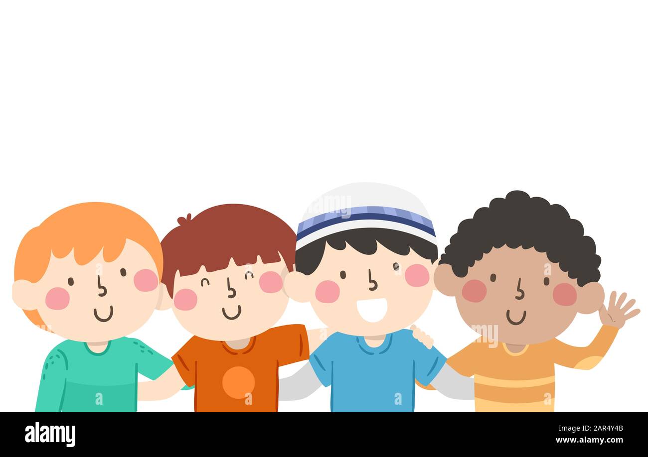 Illustration of Diverse Kids in a Group and Friendly Hug with One Kid Boy Wearing a Taqiyah Stock Photo