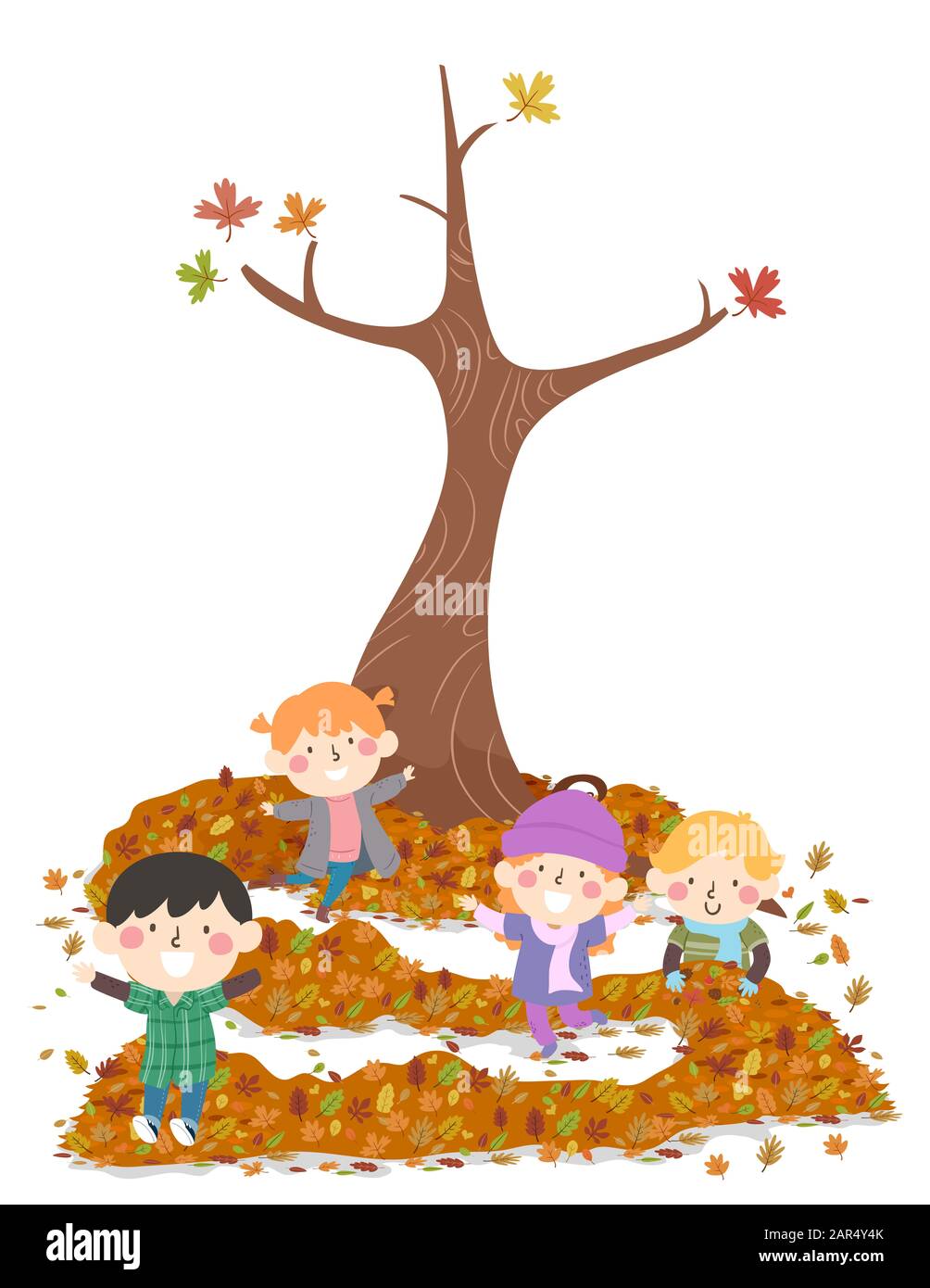 Illustration of Kids Playing with Leaf Maze Fallen from Nearby Tree in Autumn Stock Photo