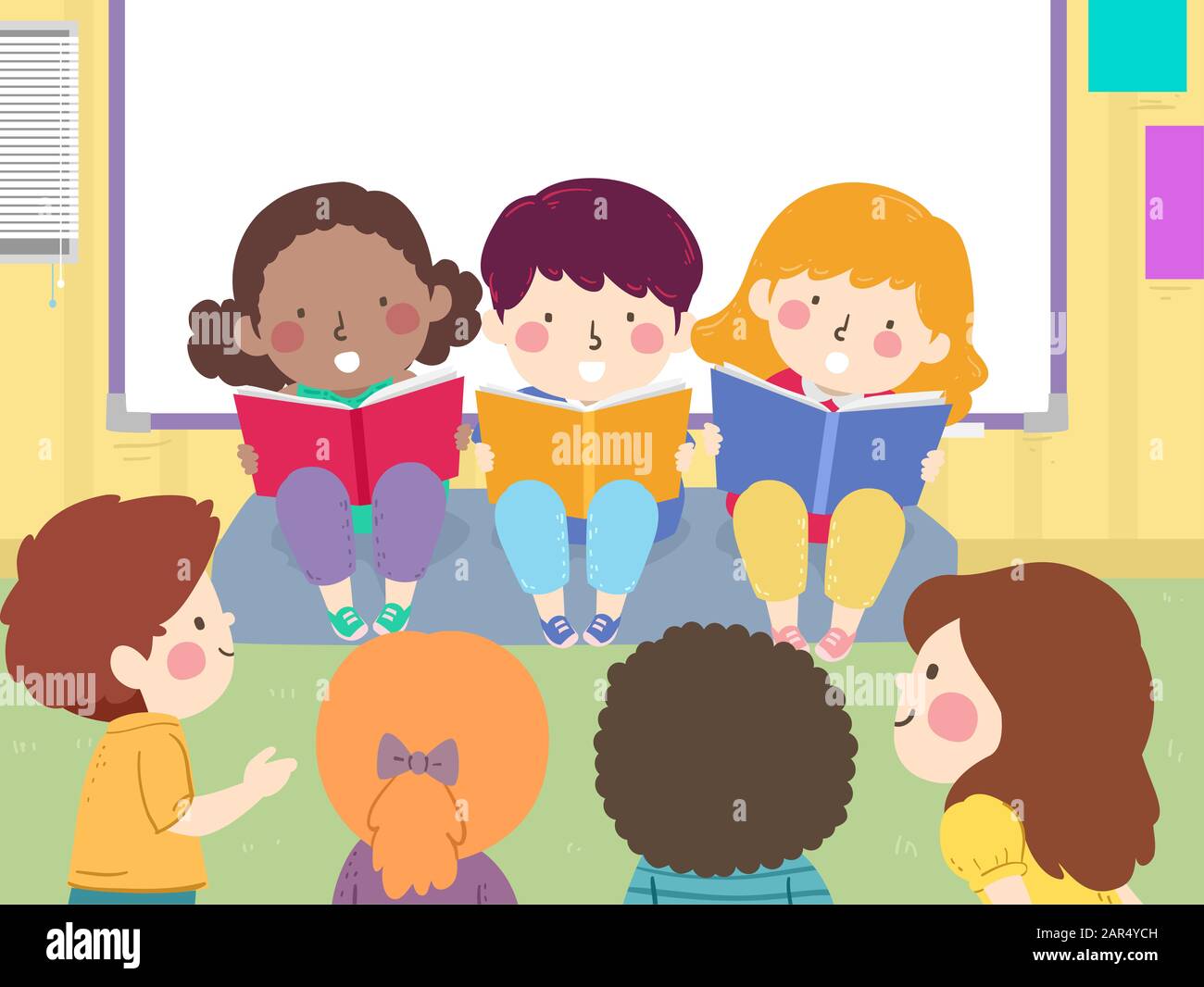 Illustration of Kids Reading a Story Book Aloud in Front of the Class in  School Stock Photo - Alamy