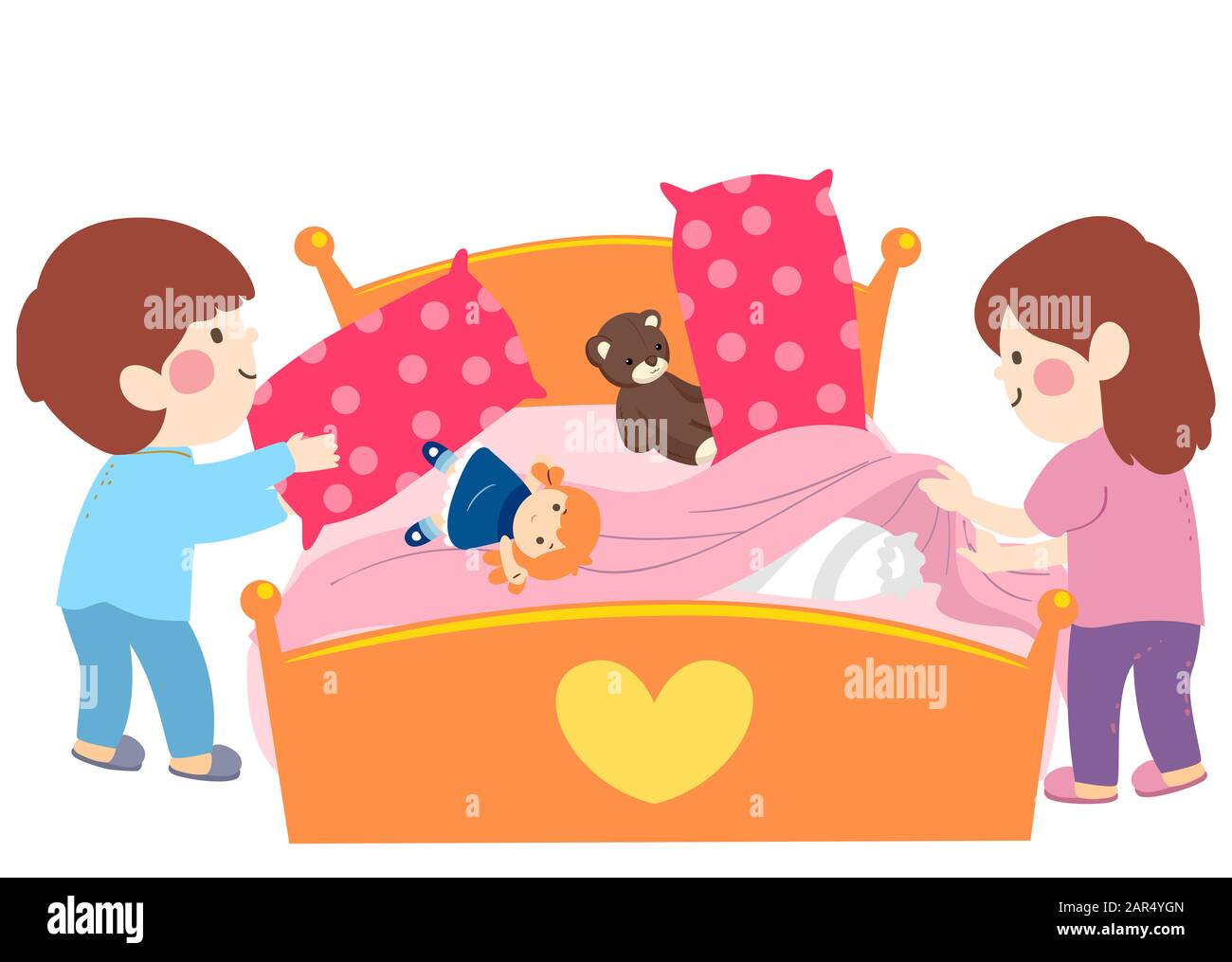 Illustration of Kids Making their Bed, Kid Boy Arranging Pillows and