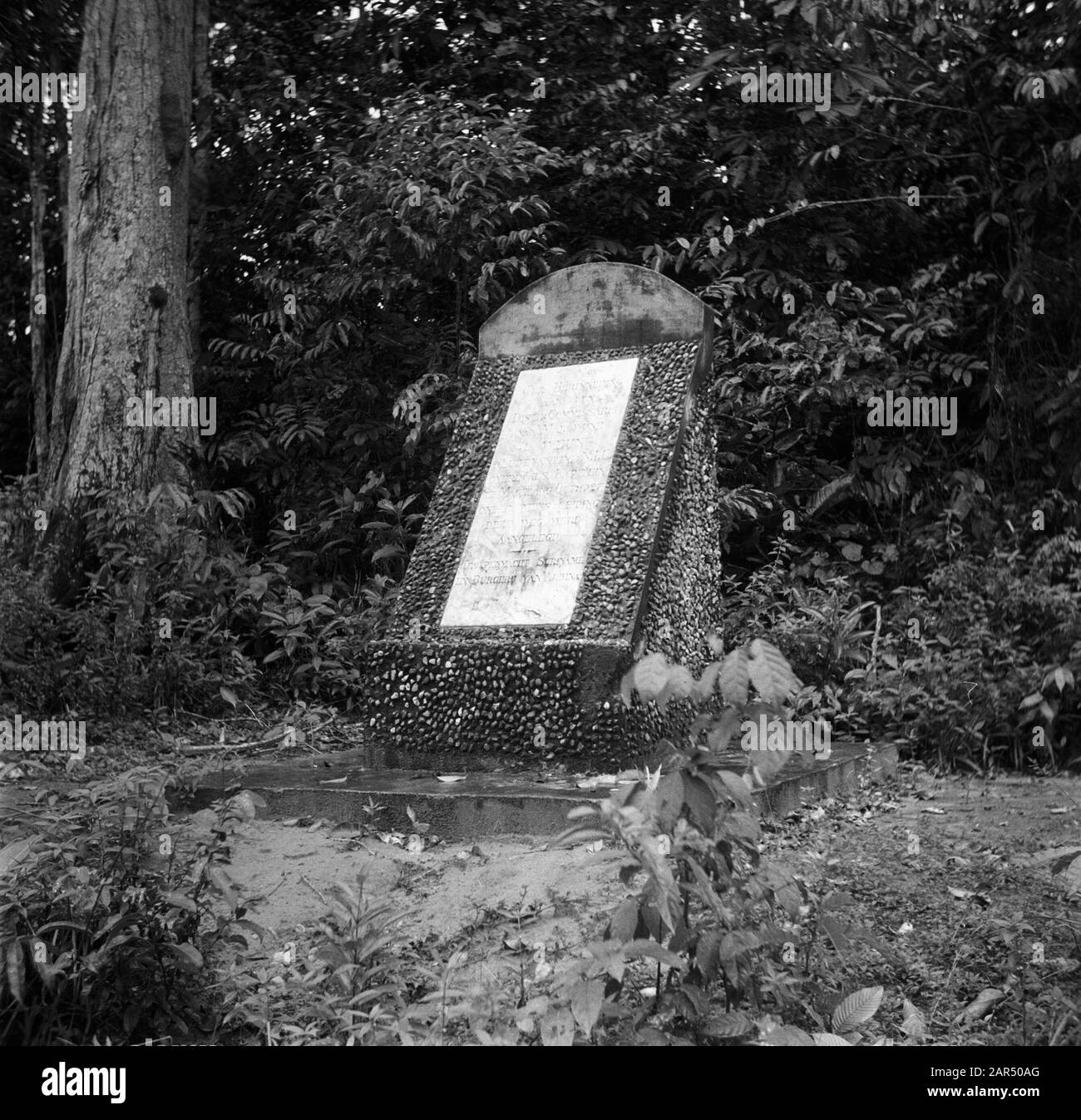 Journey to Surinam and the Netherlands Antilles  Memorial with the inscription: In Remembrance/to den/District Commissioner/van Marowijne/J. Weyne/lieutenant.. N.I.L./a.l. as Captain/at Magelang Oct. 1927/under whose direction/this road was built/Troepenmacht Suriname/en Burgerij van Albina Date: 1947 Location: Albina, Suriname Keywords: memorials, road construction Stock Photo