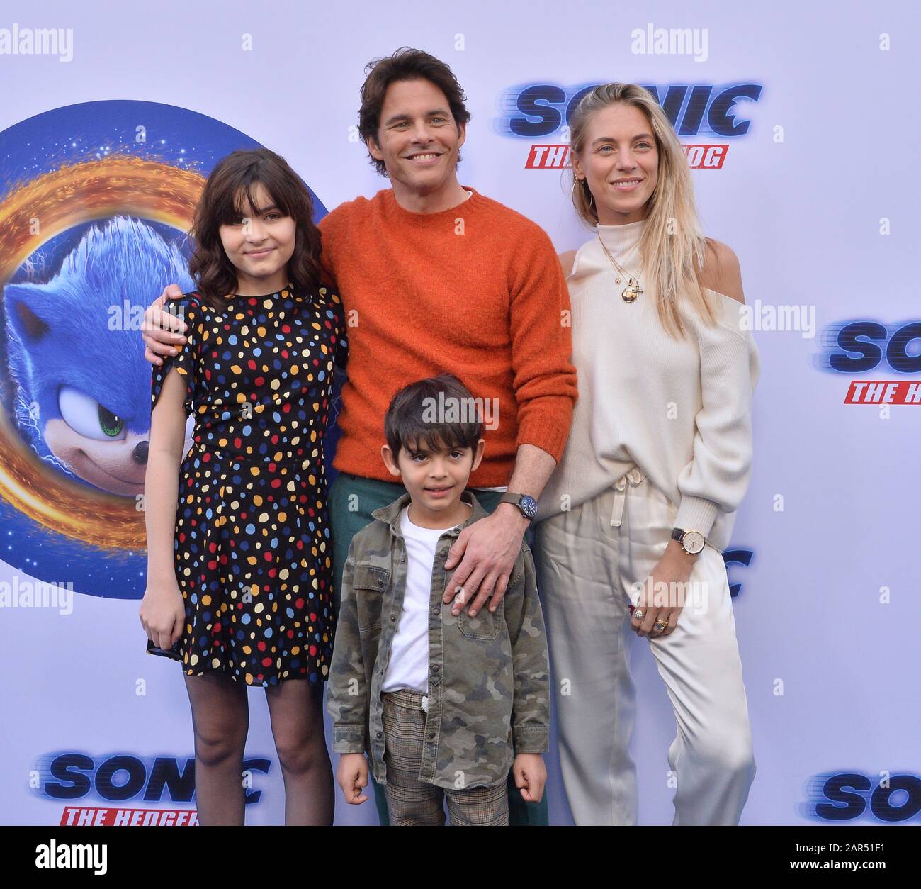 Cast member James Marsden and his family attend the 'Sonic the Hedgehog' family day event on the Paramount Pictures lot in Los Angeles on Saturday, January 25, 2020. Storyline: Based on the global blockbuster videogame franchise from Sega, 'Sonic the Hedgehog' tells the story of the world's speediest hedgehog as he embraces his new home on Earth. Photo by Jim Ruymen/UPI Credit: UPI/Alamy Live News Stock Photo