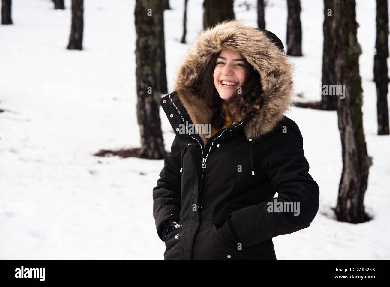 Cute Little Girl Standing Snow Snow Mountains Girl Dressed Winter