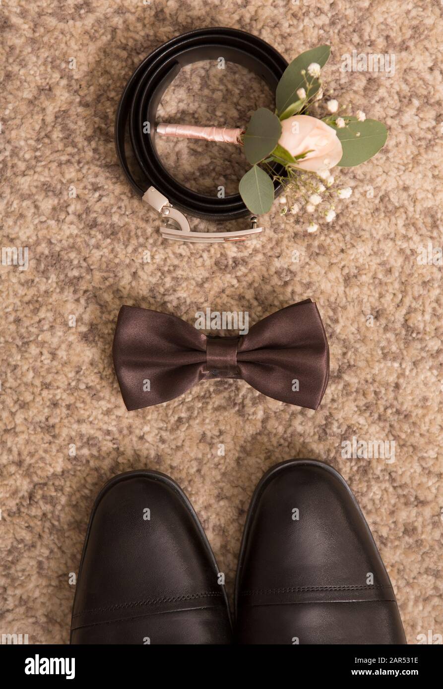 Creative composition of groom accessories for wedding da Stock Photo