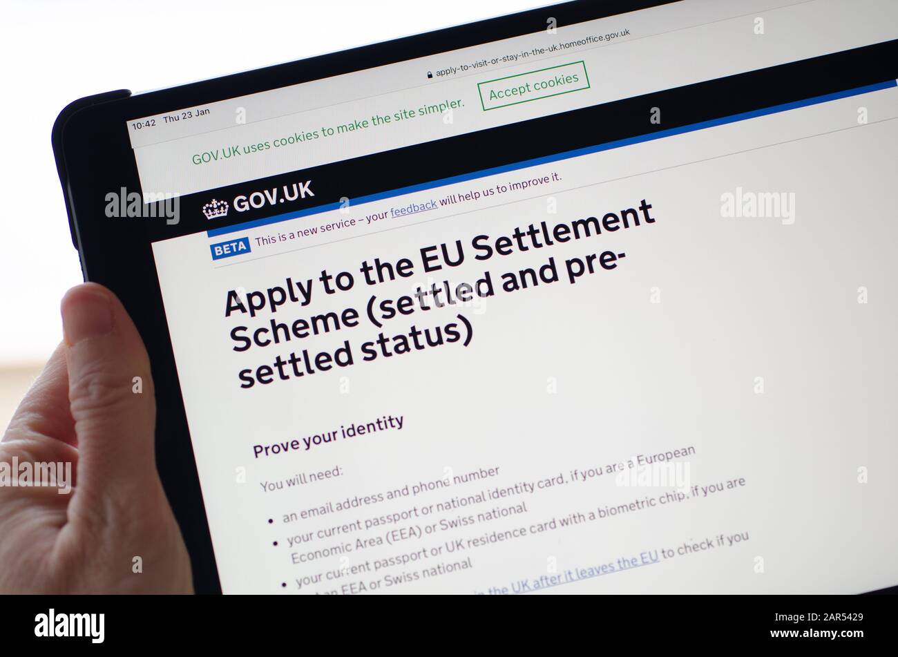 Gibraltar 23 January 2020: The application page on the Goverment website showing how to apply for Settled status in the UK Stock Photo