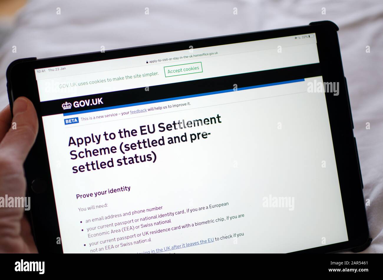 Gibraltar 23 January 2020: The application page on the Goverment website showing how to apply for Settled status in the UK Stock Photo