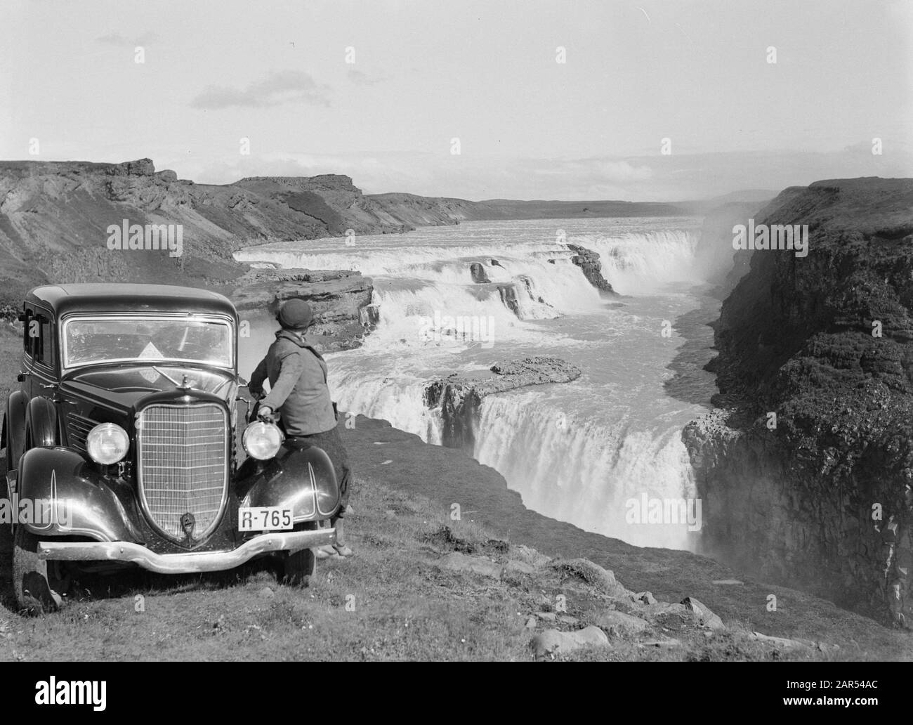Iceland  Gullfoss. Waterfalls in the Hvítá (White River) in South Iceland Date: 1934 Location: Iceland Keywords: cars, hills, landscapes, rivers, waterfalls Stock Photo