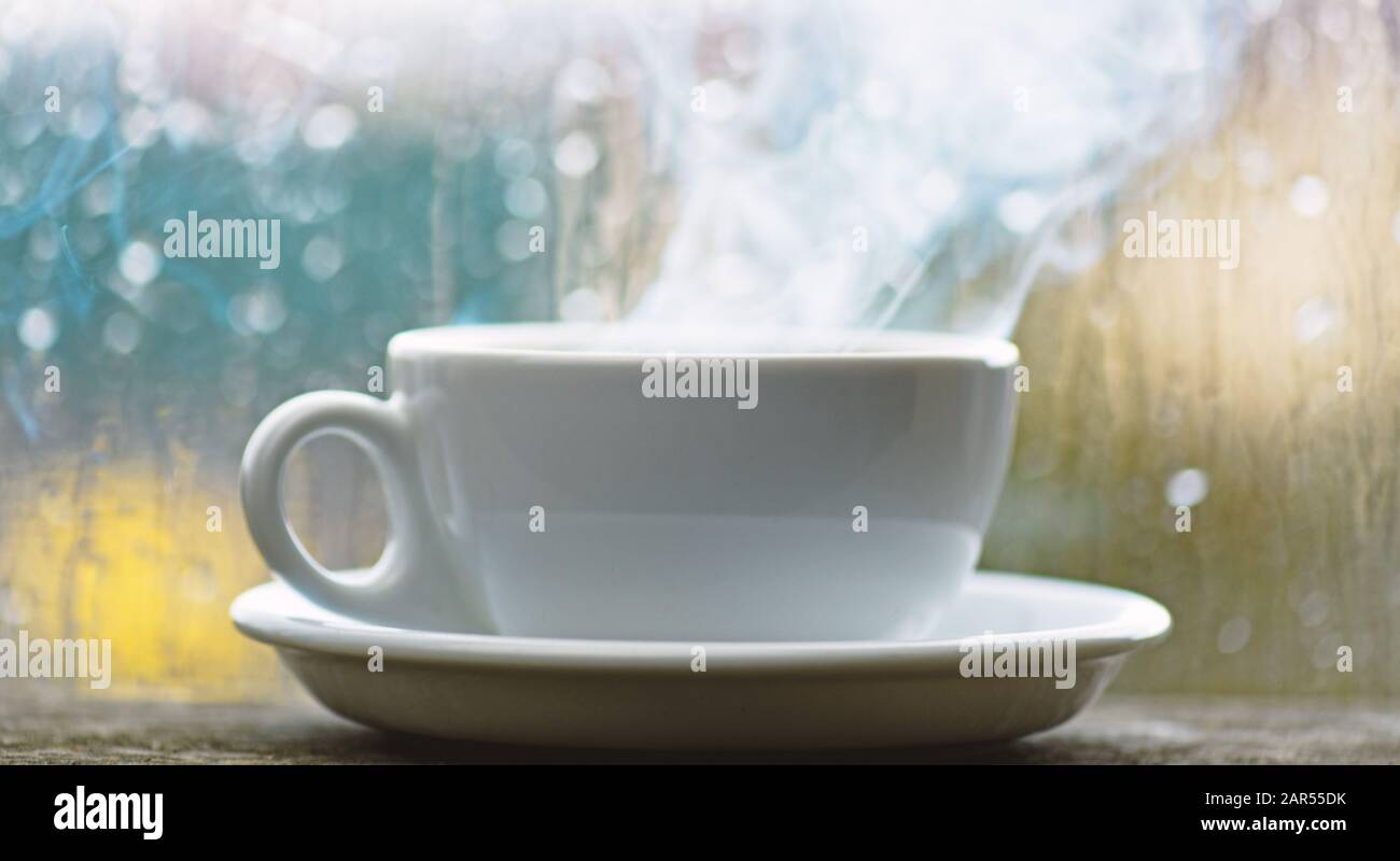 Enjoying Coffee On Rainy Day Fresh Brewed Coffee In White Cup Or Mug On Windowsill Coffee Time On Rainy Day Wet Glass Window And Cup Of Hot Coffee Autumn Cloudy Weather Better