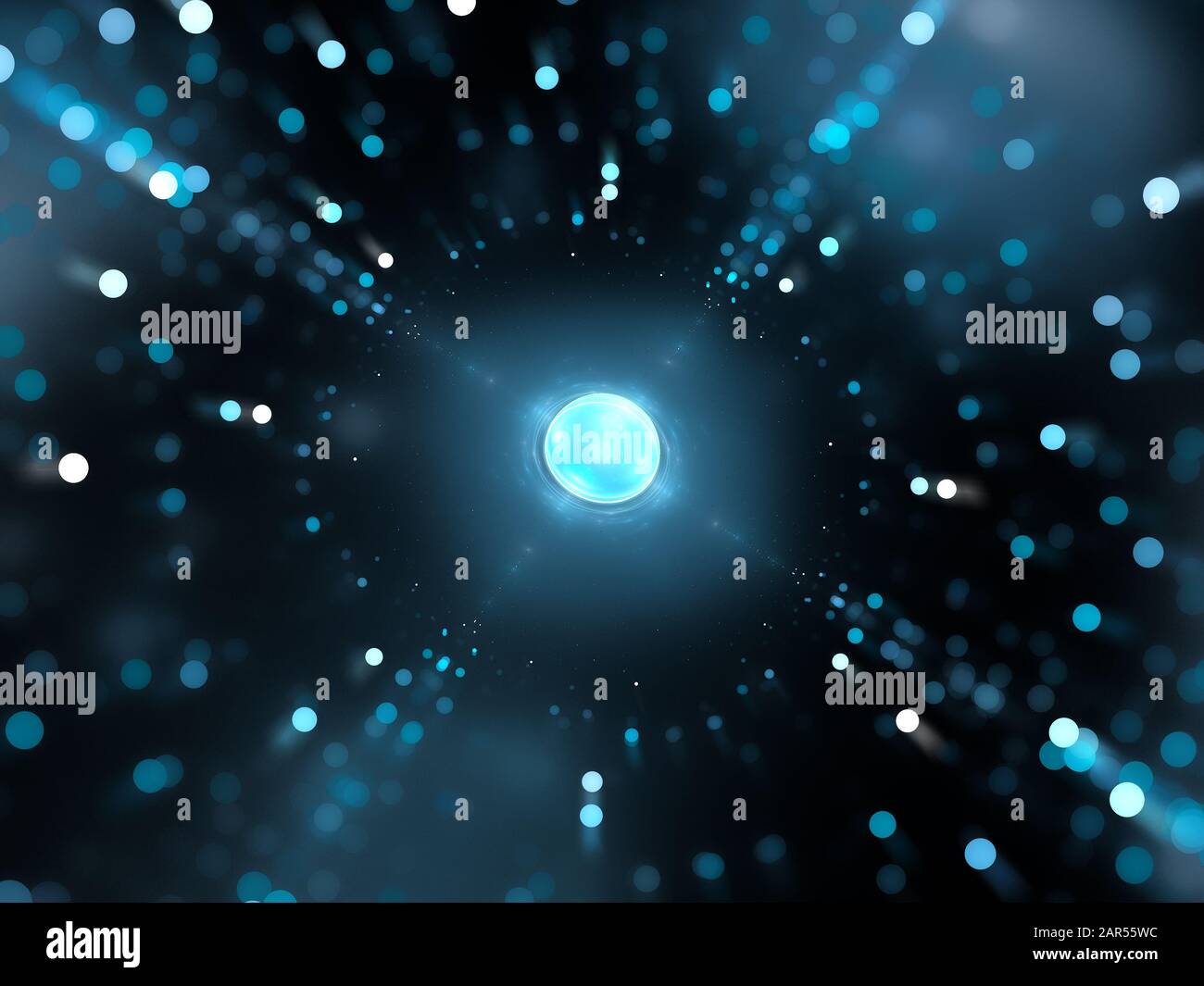 Blue glowing 3D hub with particles, depth of field, computer generated abstract background, 3D rendering Stock Photo