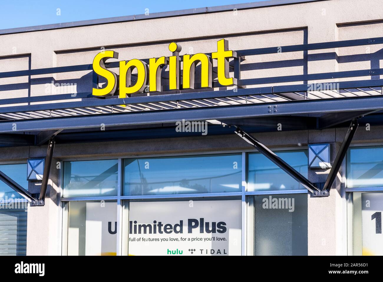 Nov 24, 2019 Cupertino / CA / USA - Sprint store facade; Sprint Corporation is an American telecommunications company that provides wireless services Stock Photo