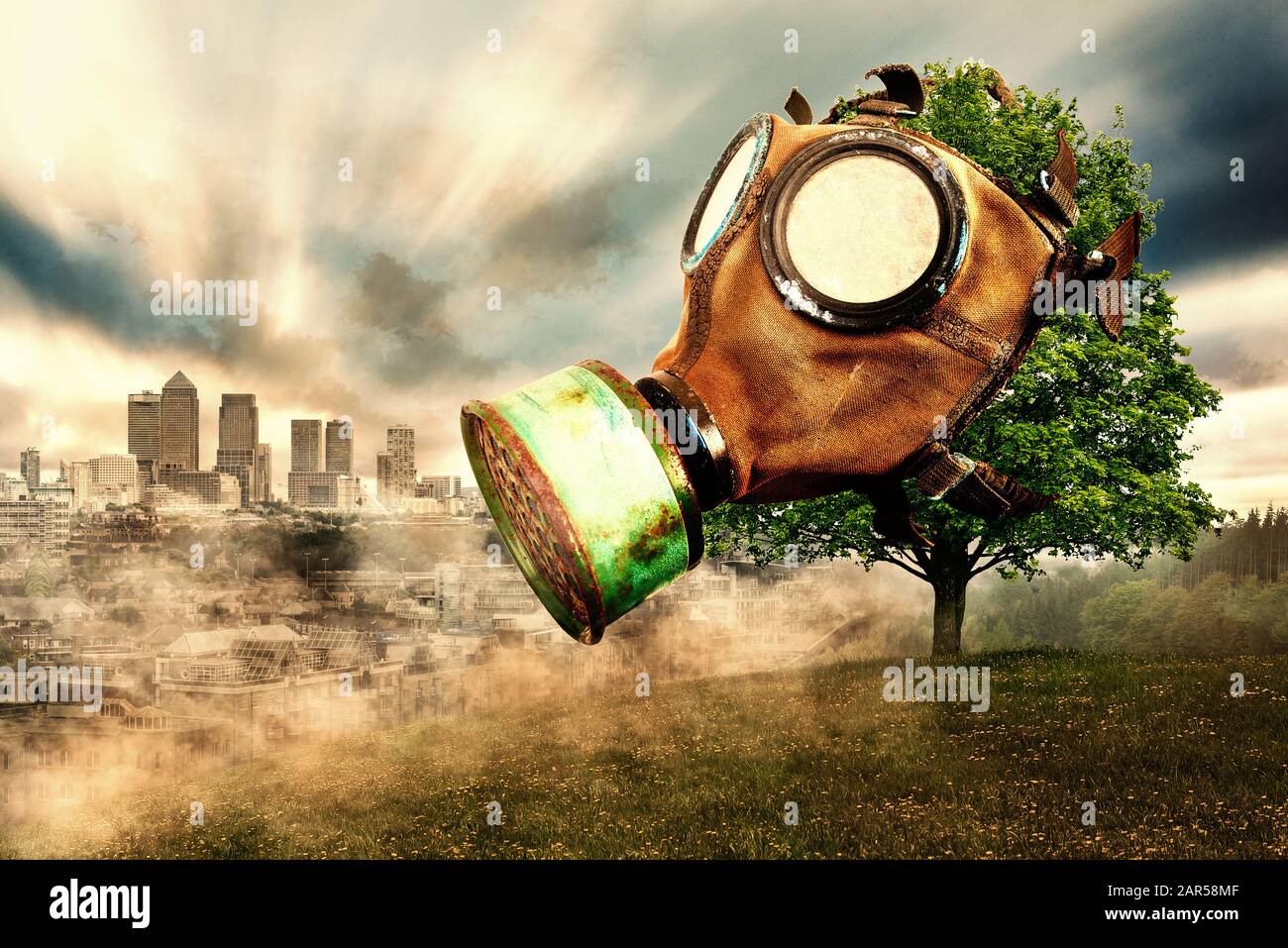 Tree with gas mask, background with city in smog, global warming due to air pollution, Stock Photo
