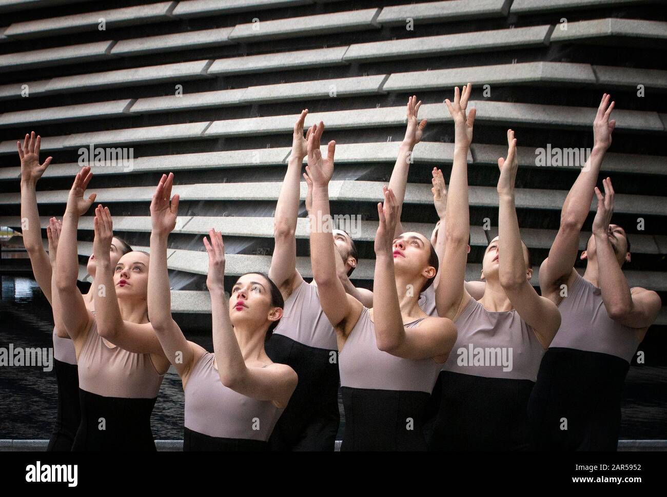 The Scottish Dance Theatre stage an impromptu rehearsal outside the V&A Dundee, performing excerpts of Process Day by Sharon Eyal and Gai Behar ahead of their Double Bill at the Edinburgh Festival Theatre on Wednesday January 29, 2020. Stock Photo