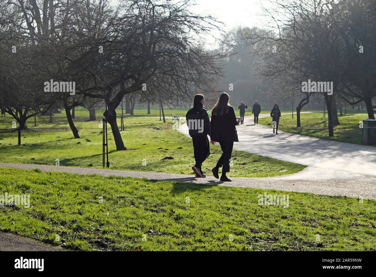 Couple walking together along a path and people strolling in Bute Park in winter sunshine in January 2020 in Cardiff Wales UK  KATHY DEWITT Stock Photo