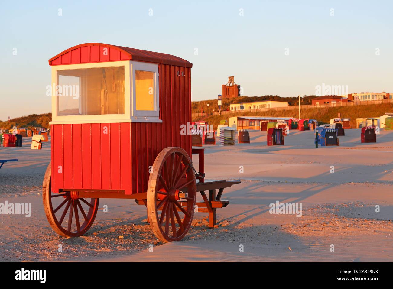 wooden beach trailer on Borkum island Stock Photo