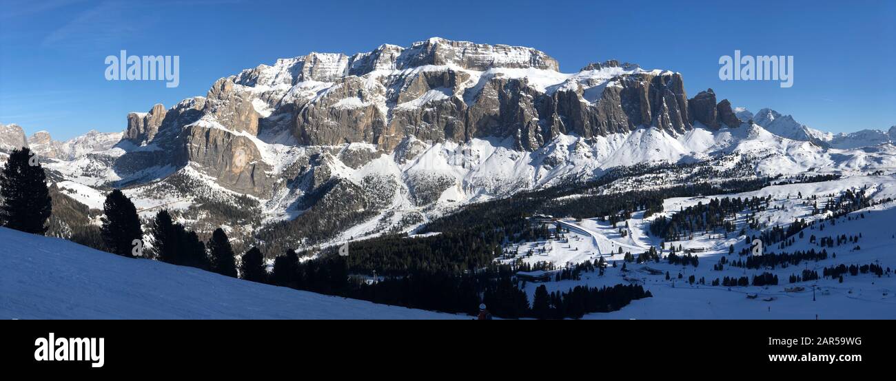 Italy Dolomites Winter Mountains Landscape Wolkenstein sella stock sella ronda panorama Stock Photo