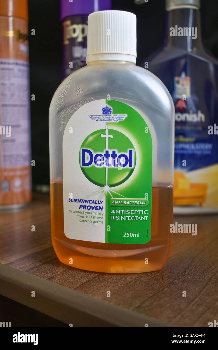 Nairobi/Kenya - January 25th 2020: a half used 250ml bottle of liquid antiseptic dettol on a shelf in kitchen. Stock Photo