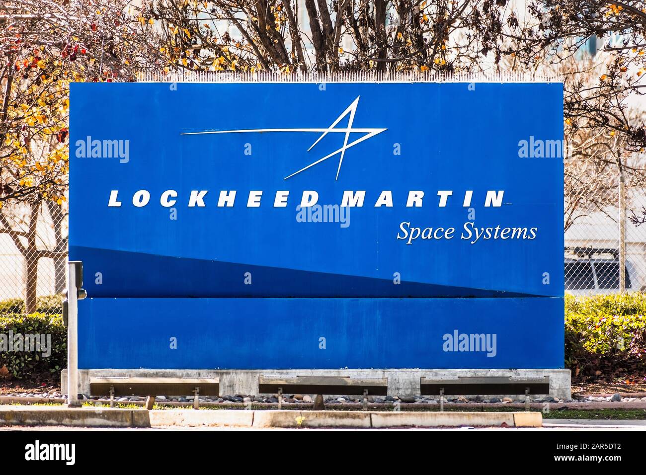 Jan 24, 2020 Sunnyvale / CA / USA - Lockheed Martin sign at the facilities located in Silicon Valley; Lockheed Martin Space Systems is one of the four Stock Photo