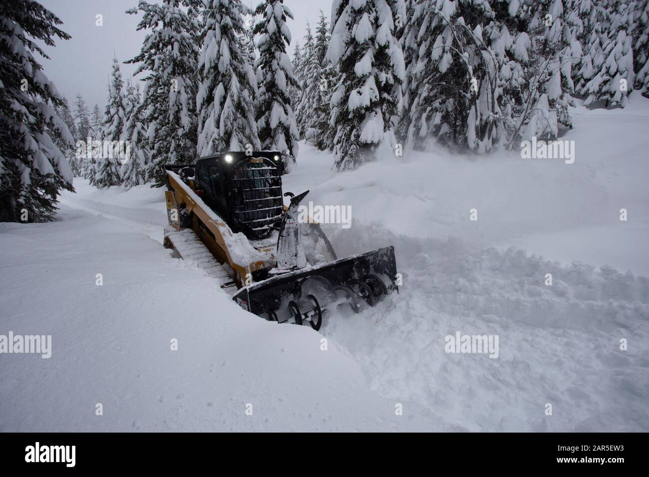 A Cat 299D skidder with a snow blower attachment, clearing a remote