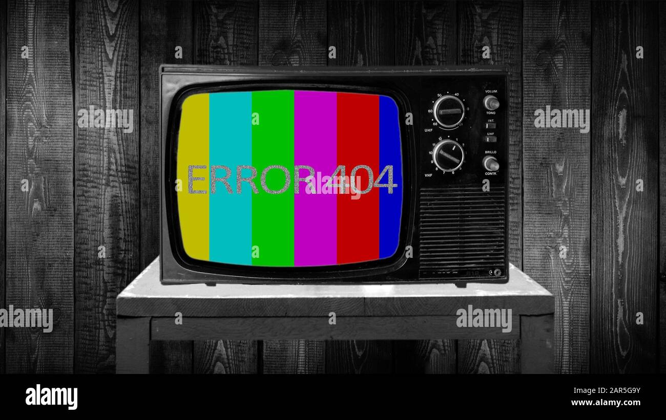 ERROR 404 tv no signal vertical color bars, retro tv static letters Stock Photo