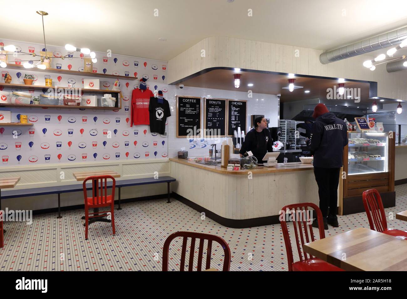 Federal Donuts, 540 South St, Philadelphia, PA. interior of a coffee shop serving fried chicken and cake donuts in Queens Village. Stock Photo