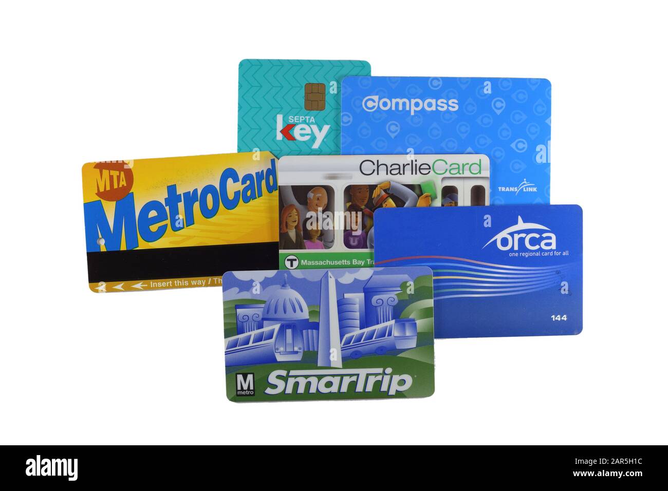 Rechargeable regional transit fare cards in North America isolated on a white background. except for one, all are rfid. cutout image for editorial use Stock Photo