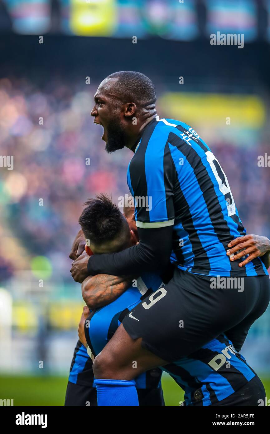 Milan, Italy. 26th Jan, 2020. lautaro martÃ-nez of fc internazionale and romelu lukaku of fc internazionale celebrate with his teammates goal during FC Internazionale vs Cagliari Calcio, italian Serie A soccer match in Milan, Italy, January 26 2020 Credit: Independent Photo Agency/Alamy Live News Stock Photo