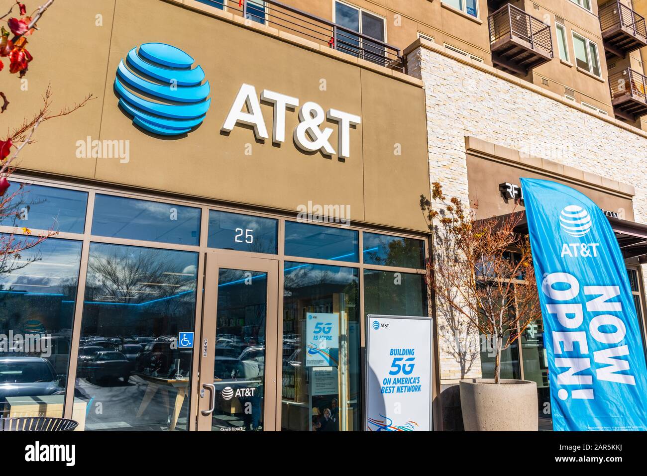 Jan 24, 2020 Mountain View / CA / USA - AT&T store in San Francisco Bay Area; sign displayed above the entrance; AT&T is the world's largest telecommu Stock Photo
