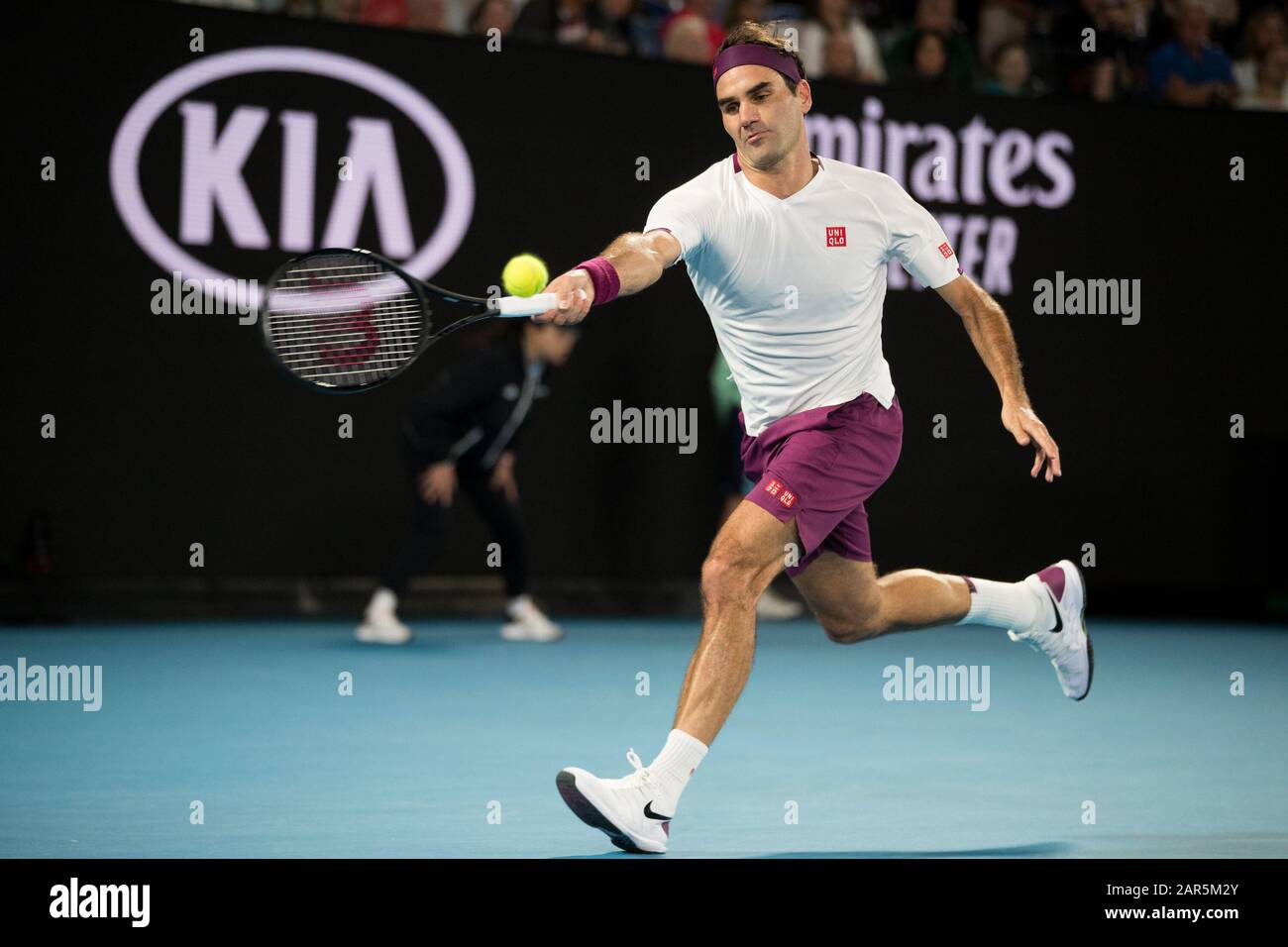 Melbourne, Australia. 26th Jan, 2020. Roger Federer of Switzerland plays a  forehand against Marton Fucsovics of Hungary during the fourth round match  at the ATP Australian Open 2020 at Melbourne Park, Melbourne,