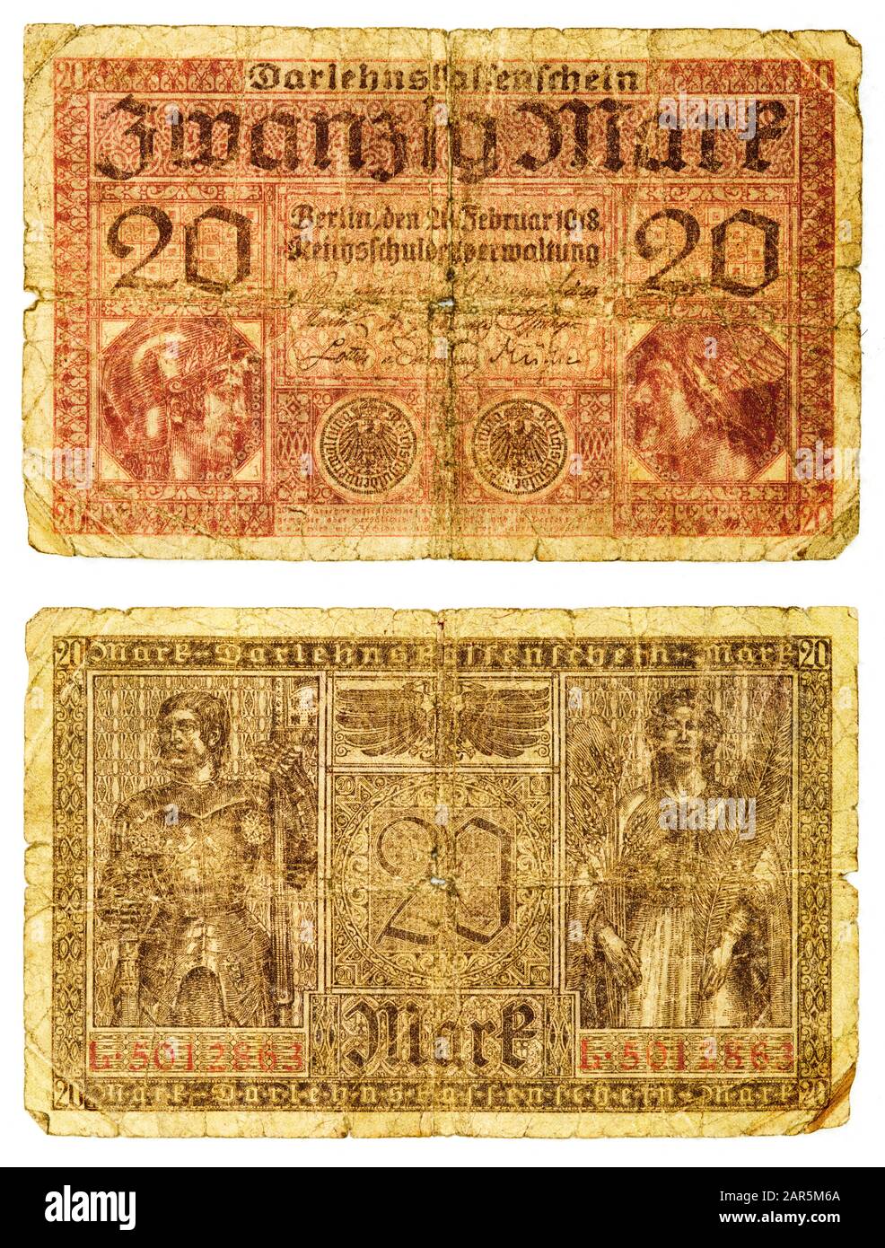 Very old worn grunge german 20 Mark bill from 1918 during the end of the first world war Stock Photo