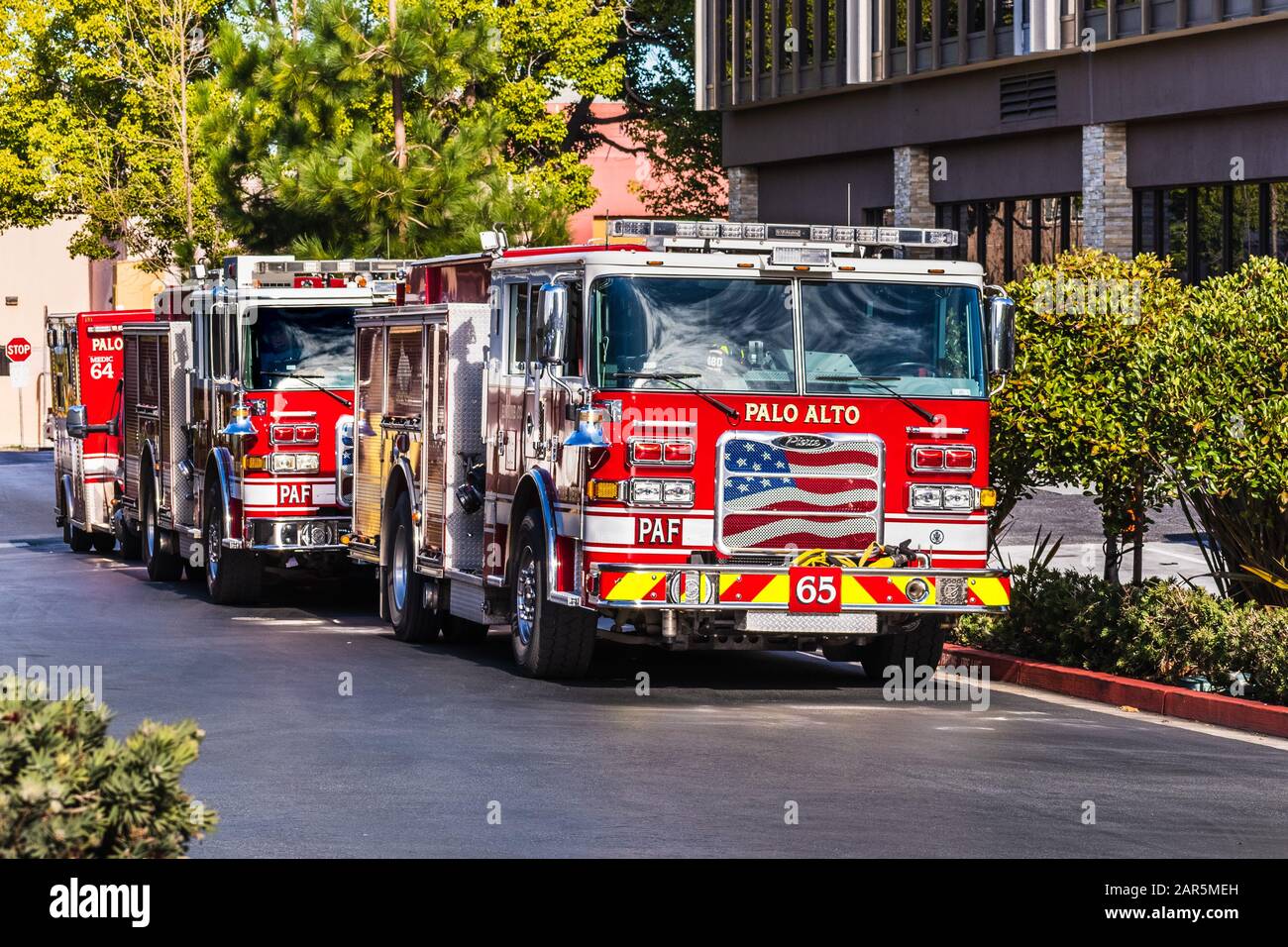 Jan 24, 2020 Mountain View / CA / USA - Palo Alto Fire Department vehicles stationed on a street; San Francisco bay area Stock Photo