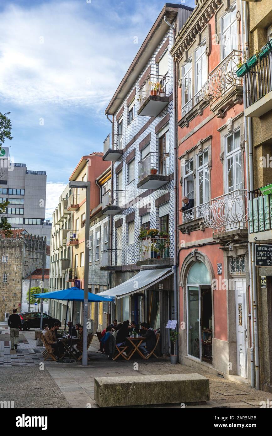 Small restaurant in one of the residential buildings on Miguel Bombarda street in Massarelos civil parish of Porto, second largest city in Portugal Stock Photo