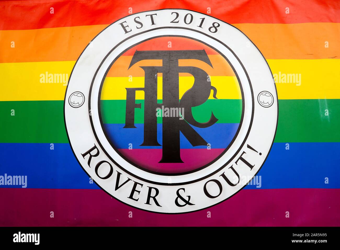 A Tranmere Rovers rainbow flag ahead of the FA Cup fourth round match at Prenton Park, Birkenhead. Stock Photo