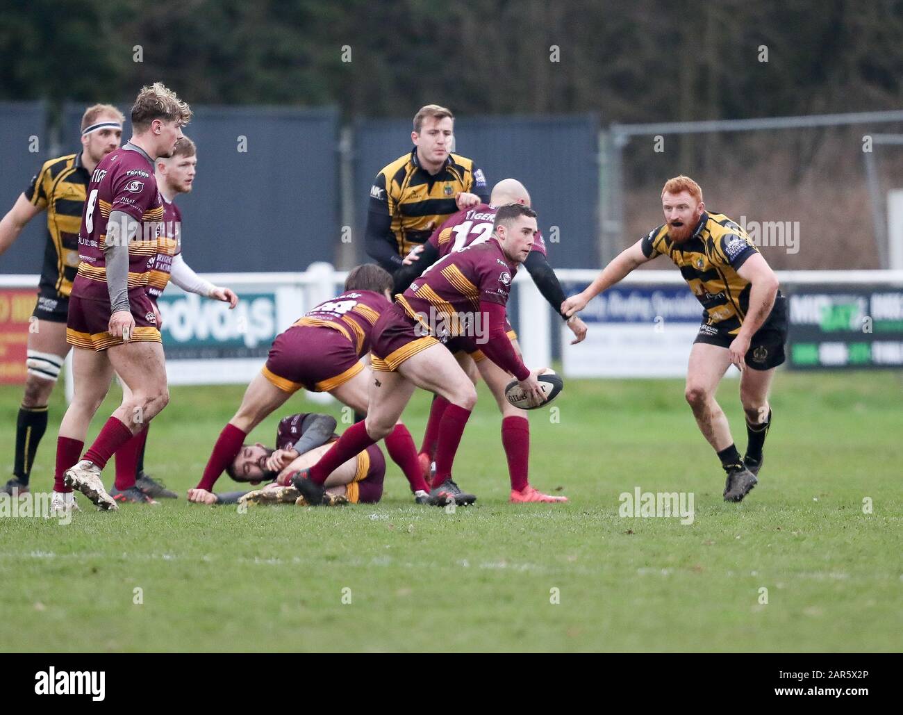 25.01.2020, Hinckley, Leicester, England. Rugby Union, Hinckley rfc v Sedgley Park rfc.   Danny Openshaw spins the ball out wide for Sedgley Park       during the RFU National League 2 North (NL2N) game played at the Leicester  Road Stadium. Stock Photo