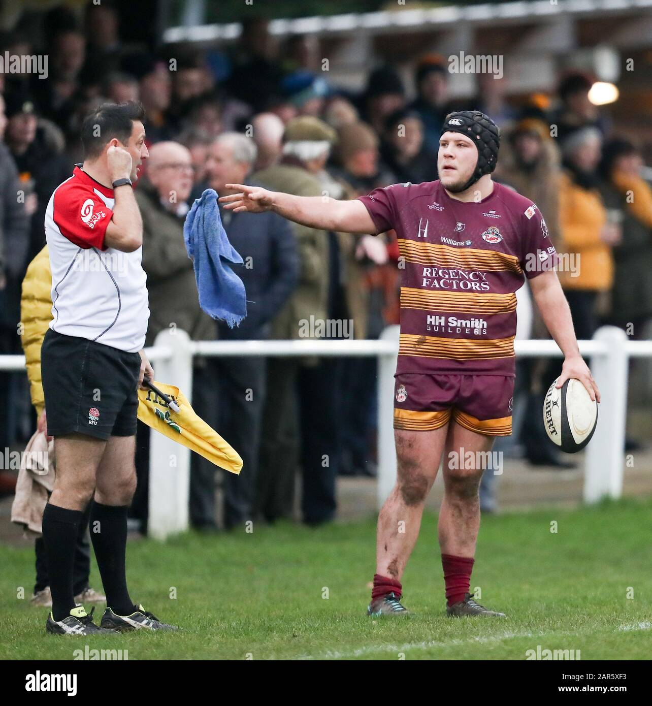 25.01.2020, Hinckley, Leicester, England. Rugby Union, Hinckley rfc v Sedgley Park rfc.   Thomas Coe in action for Sedgley Park during the RFU National League 2 North (NL2N) game played at the Leicester  Road Stadium. Stock Photo