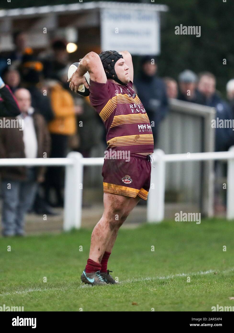 25.01.2020, Hinckley, Leicester, England. Rugby Union, Hinckley rfc v Sedgley Park rfc.   Thomas Coe in action for Sedgley Park during the RFU National League 2 North (NL2N) game played at the Leicester  Road Stadium. Stock Photo