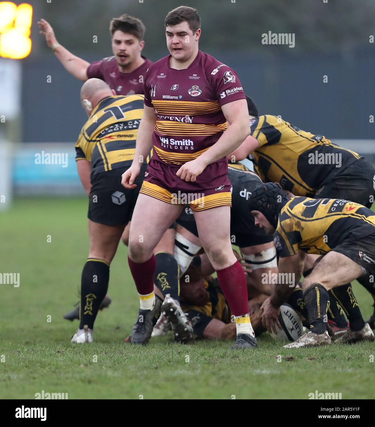 25.01.2020, Hinckley, Leicester, England. Rugby Union, Hinckley rfc v Sedgley Park rfc.   Connor James in action for Sedgley Park during the RFU National League 2 North (NL2N) game played at the Leicester  Road Stadium. Stock Photo