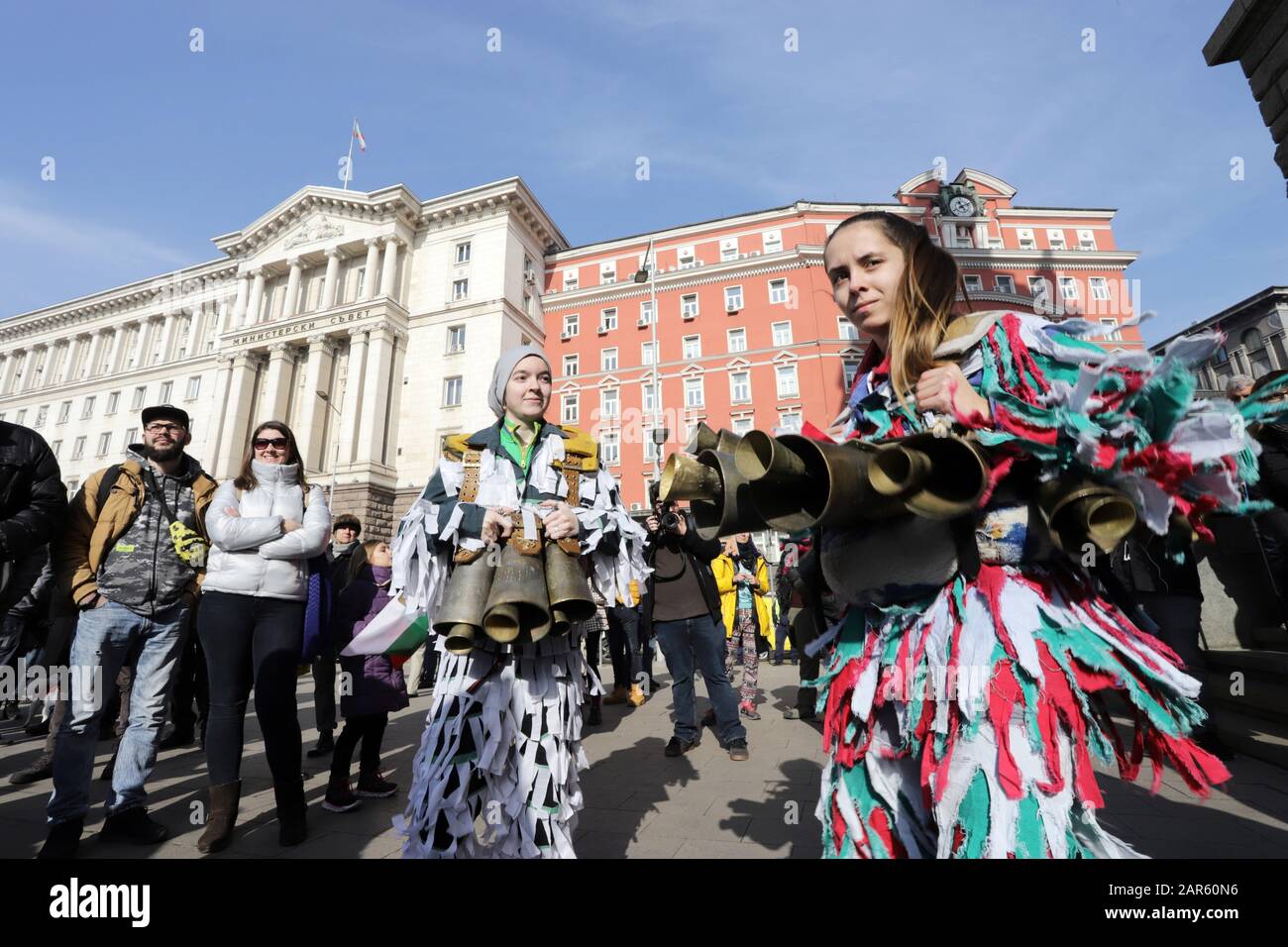 Thousands people demand water on a protest, because water crisis in the town of Pernik and surrounding villages, in front of government building in So Stock Photo