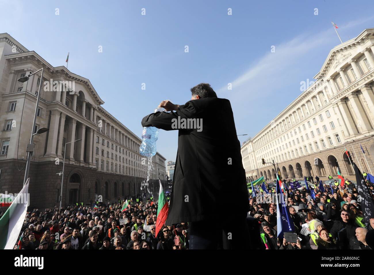 Thousands people demand water on a protest, because water crisis in the town of Pernik and surrounding villages, in front of government building in So Stock Photo