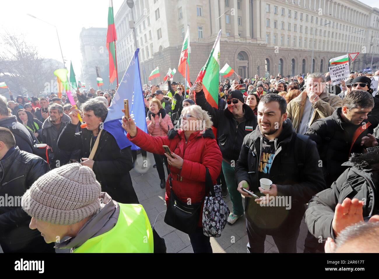 Thousands people demand water on a protest, because water crisis in the town of Pernik and surrounding villages, in front of government building in So Stock Photo