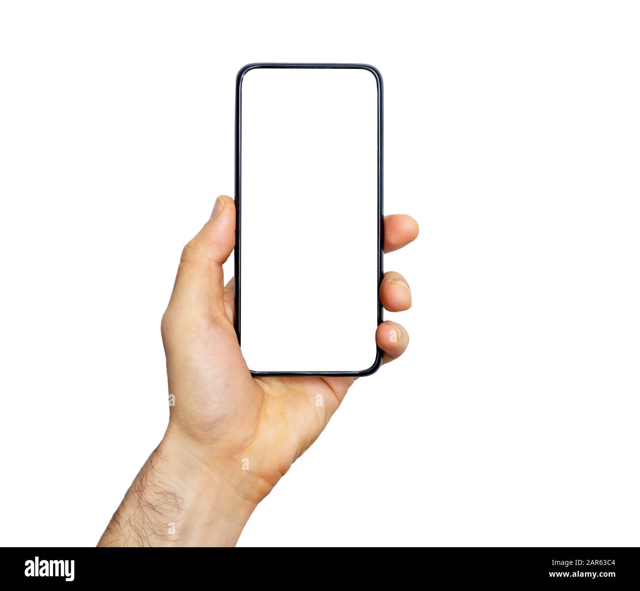 Smartphone (phone) empty screen in a hand. Black smartphone isolated on white background. Blank phone screen for image and design. Stock Photo