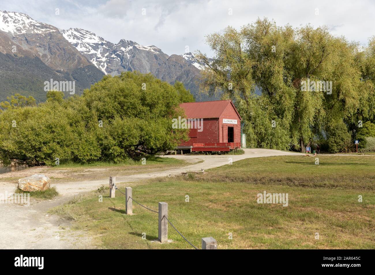 The red boat shed of Glenorchy, New Zealand in summer Stock Photo