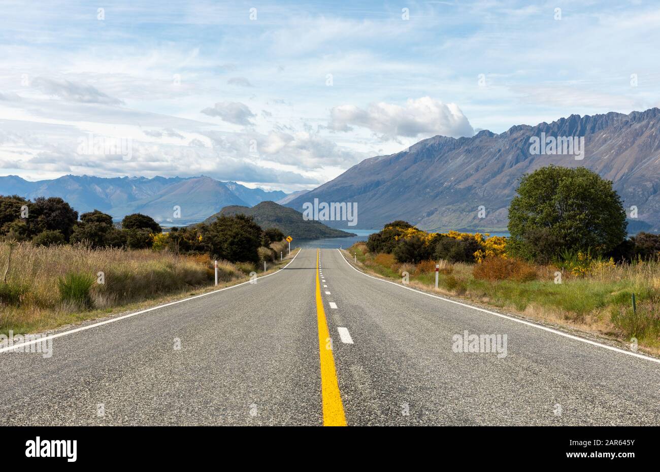 A road leading to Lake Wakatipu outside Glenorchy, New Zealand Stock Photo