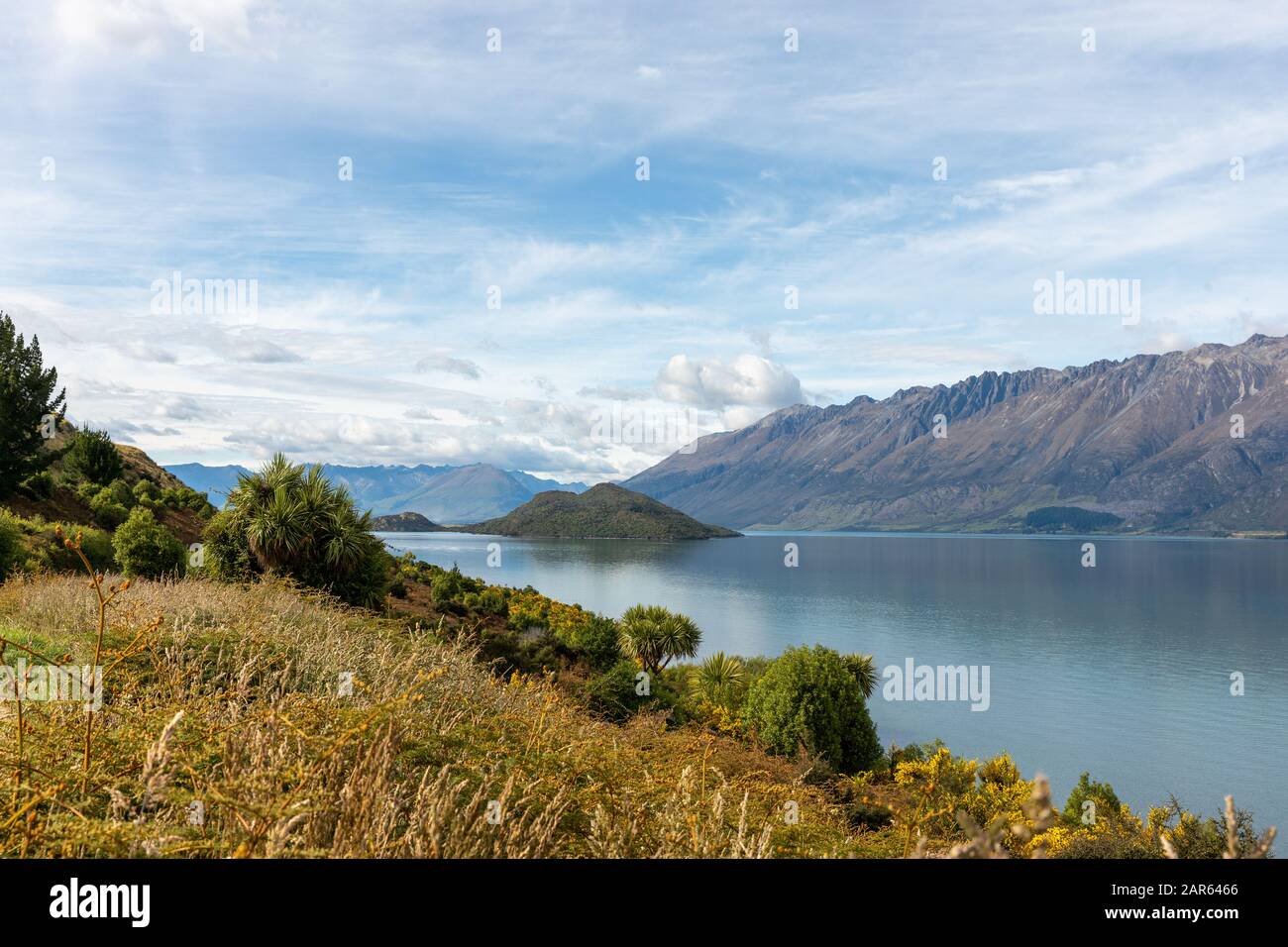 Pigeon Island near Glenorchy, New Zealand, in Lake Wakatipu Stock Photo