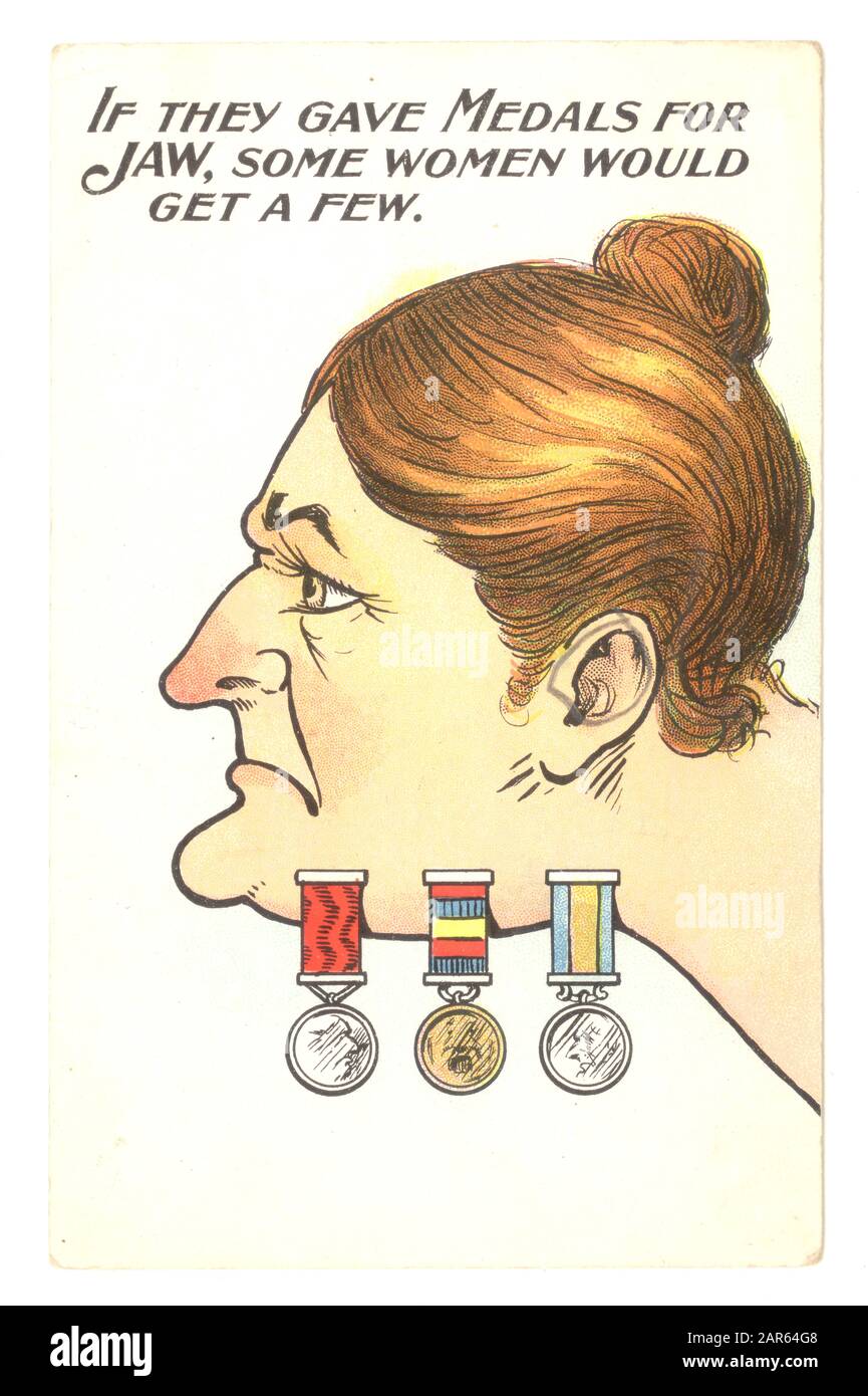 Early 1900's comic anti-suffragette postcard depicting a bossy woman with medals on her jaw, sticking her neck out by demanding equal voting rights for women U.K. The inference is that only unattractive women would be unfeminine enough to speak up for the women's suffrage campaign. It is blatantly against strong opinionated women. Women must keep their place. Stock Photo