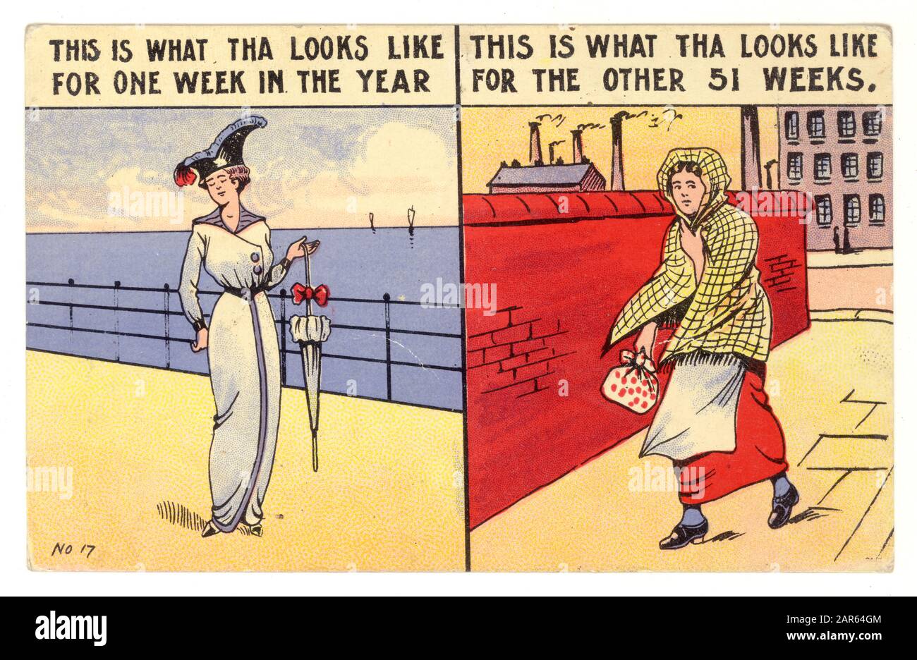 Early 1900's comic postcard of mill worker wearing a fashionable 'hobble' skirt in one picture and poor work wear in another, making the most of her annual holiday or Wakes Week as it was known, before going back to the grim daily grind of the workplace Lancashire, England, U.K. Circa 1911. Stock Photo