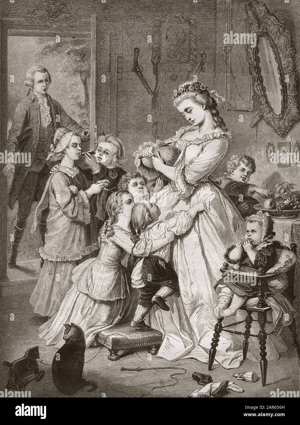 Werther surprend Charlotte entouree d'enfants - illustration pour Les souffrances du jeune Werther (1774) de Goethe - Johann Wolfgang von Goethe (1749 Stock Photo