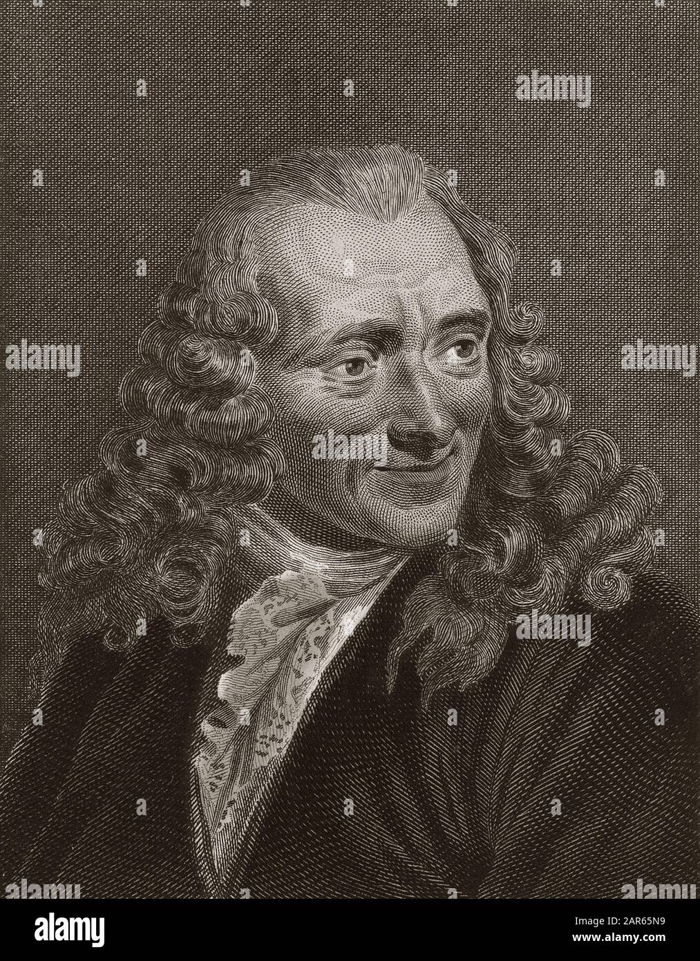 Portrait of Voltaire - engraving -  Francois-Marie Arouet de Voltaire dit Voltaire (1694-1778) - Stock Photo