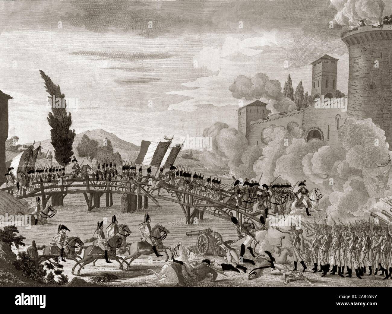 Napoleon leading his army across the bridge at Lodi - Napoleon pendant la bataille et le passage du pont de Lodi en 1796 - Passage du Pont de Lodi en Stock Photo